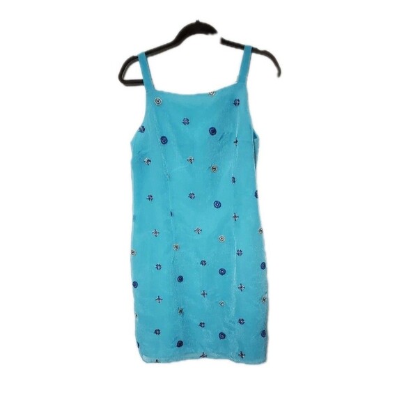 VINTAGE 1990S DAWN JOY 14 Blue Sea Beach Dress Tank Embroidered Nautical Summer - Picture 1 of 7